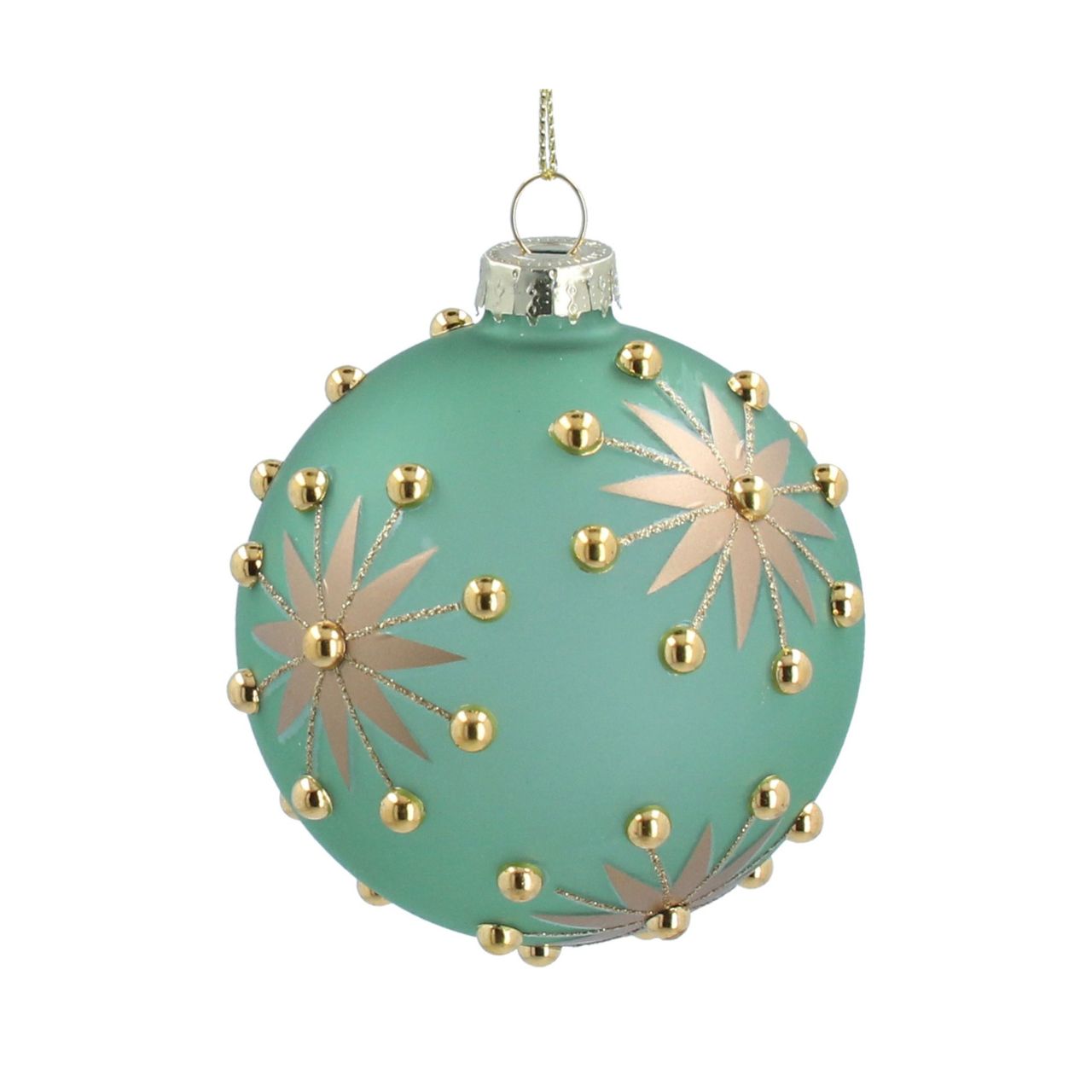 Gisela Graham Opaque Green Glass Christmas Bauble With Gold Stars & Beads  This Gisela Graham opaque green glass bauble is the perfect holiday decoration. Its intricate design features gold stars and beads to enhance its festive look. Ideal for any size tree, this bauble will add a touch of elegance and charm to your holiday décor.