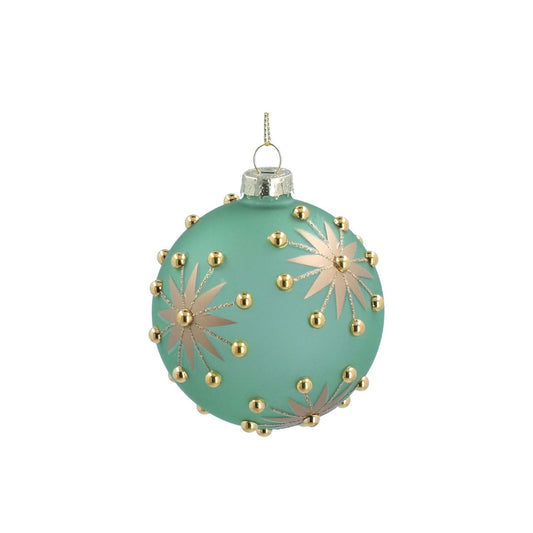 Gisela Graham Opaque Green Glass Christmas Bauble With Gold Stars & Beads  This Gisela Graham opaque green glass bauble is the perfect holiday decoration. Its intricate design features gold stars and beads to enhance its festive look. Ideal for any size tree, this bauble will add a touch of elegance and charm to your holiday décor.