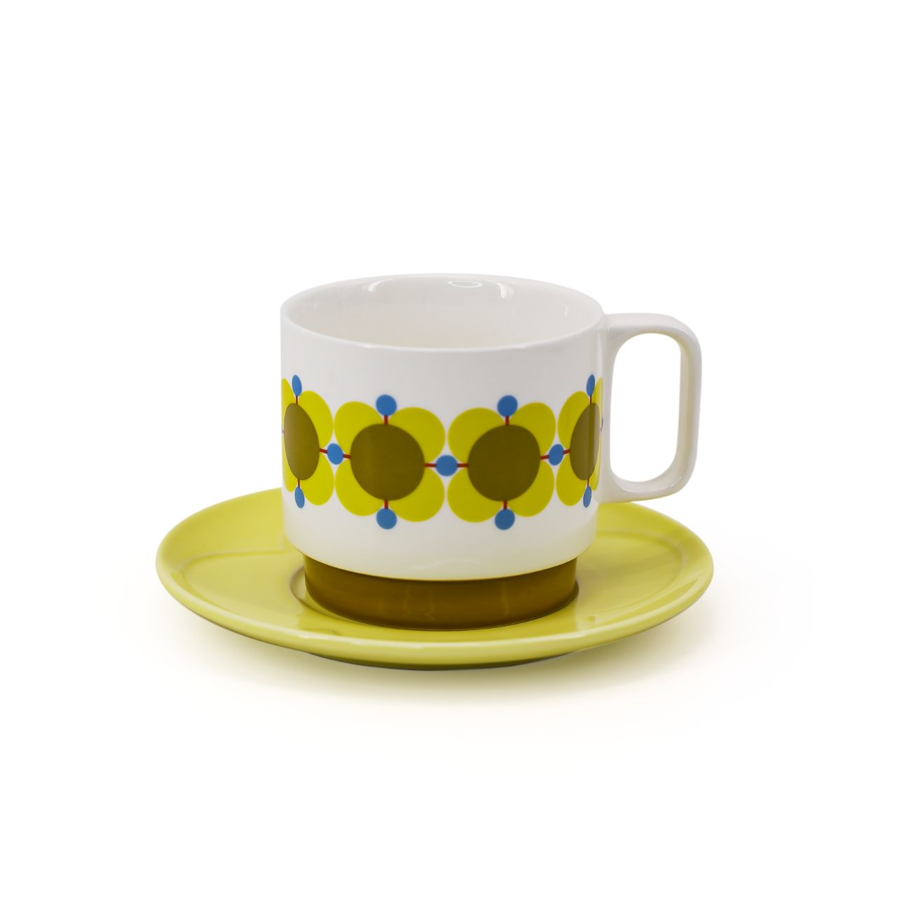 Orla Kiely Set 2 Tea Cup & Saucer - Atomic Flower  DESIGNED IN THE UK BY ORLA KIELY: This set of two tea cup and saucer has a unique 'Atomic Flower' print.  Each cup is stamped with an authentic Orla Kiely logo.