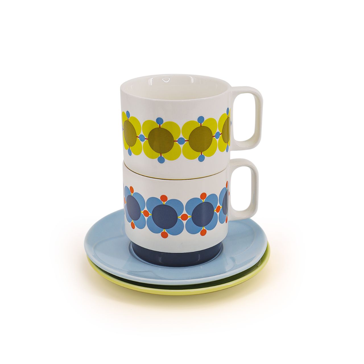 Orla Kiely Set 2 Tea Cup & Saucer - Atomic Flower  DESIGNED IN THE UK BY ORLA KIELY: This set of two tea cup and saucer has a unique 'Atomic Flower' print.  Each cup is stamped with an authentic Orla Kiely logo.