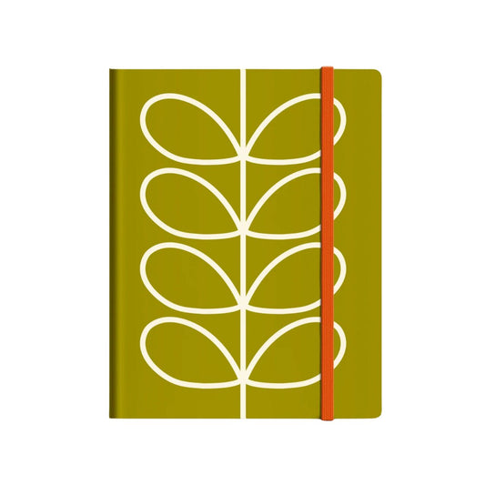 Orla Kiely Linear Stem Olive Medium Notebook  Organize your goals, plans, and weekly shopping list in a sleek and stylish manner with our Linear Stem Olive notebook. Featuring a sturdy hardcover, rounded corners, elastic closure, and matching ribbon bookmark, this notebook also includes a grid square paper layout and an expandable inner back pocket.