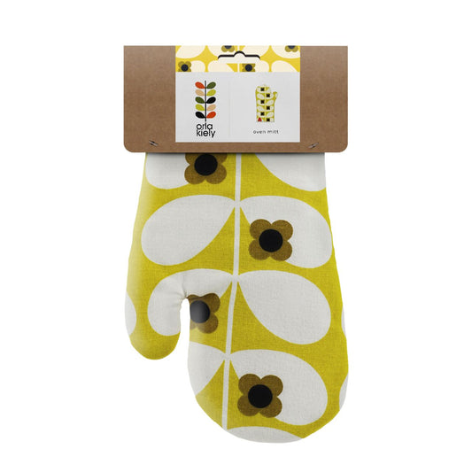 Tipperary Orla Kiely Oven Mitt - Wild Rose Stem Ochre  An Orla Kiely oven gauntlet with a beautiful Wild Rose Stem design in bright dandelion. Keep your hand safe from burns and scalds in the kitchen with the beautiful stem print oven glove from Orla Kiely.