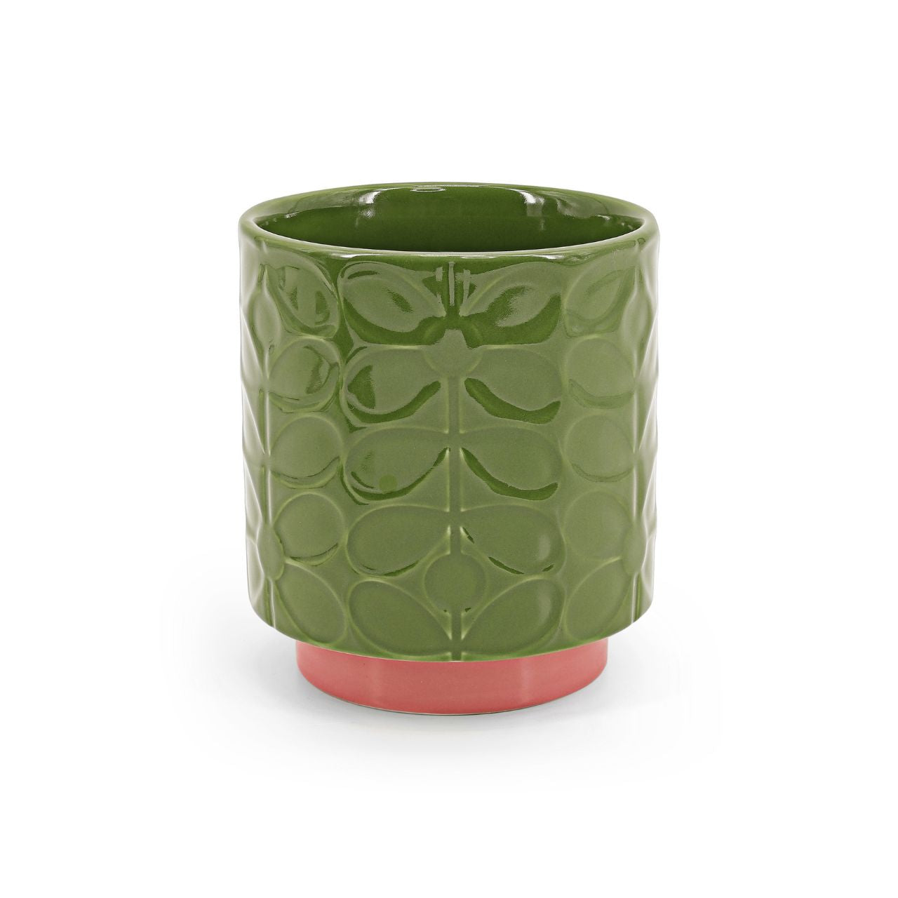 Orla Kiely Ceramic Plant Pot On Wooden Stand 60's Stem Fern Green