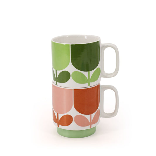 Tipperary Orla Kiely Set 2 Stacking Mugs - Block Flower Tomato Fern  DESIGNED IN THE UK BY ORLA KIELY: This set of two mugs has a unique 'Block Flower' print and is designed to be stacked.  Each mug is stamped with an authentic Orla Kiely logo.