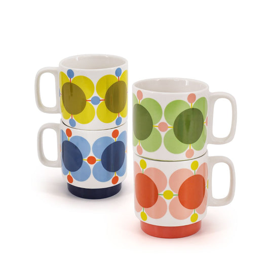 Tipperary Orla Kiely Atomic Flower Set of 4 Stackable Mugs  DESIGNED IN THE UK BY ORLA KIELY: This set of four mugs has a unique 'Atomic Flower' print and is designed to be stacked.  Each mug is stamped with an authentic Orla Kiely logo.