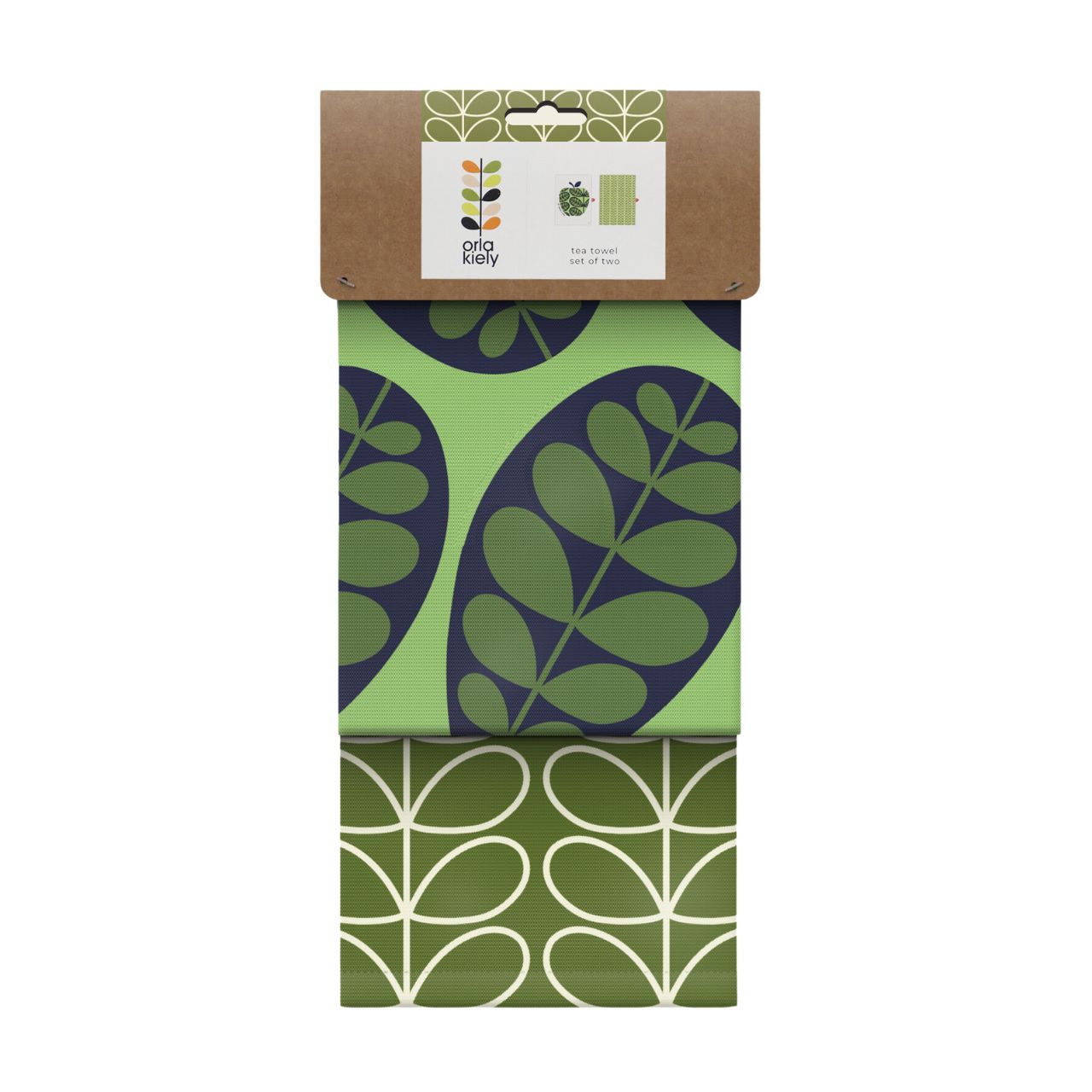 Tipperary Orla Kiely Set of 2 T-Towels - Apple A Day  Add a touch of modern style to your kitchen with this set of two Tea Towels.  The set comes with a Tea Towel that features the Linear Stem print in Green and a second Tea Towel featuring the Orla Kiely Apple. Each Tea Towel features a useful hanging loop to create an eye catching kitchen accessory even when not in use.