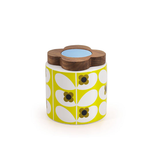 Orla Kiely Wild Rose Stem Dandelion Storage Jar 1.1L  DESIGNED IN THE UK BY ORLA KIELY: This storage jar is used to store tea, sugar, pasta, rice or biscuits.  This jar has a beautiful 'Wild Rose' print design and is made from new bone china with a unique flower shaped wooden lid.