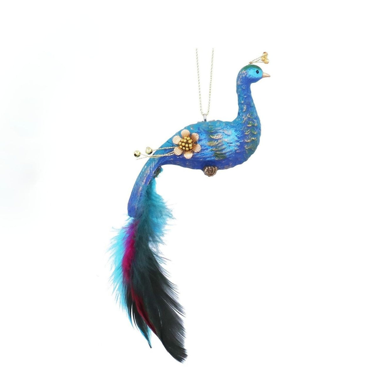 Bring festive elegance to your tree with this exquisite Gisela Graham Paradise Garden Peacock hanging ornament. Adorned with real chicken feathers for authentic detail, this showstopping piece features a graceful peacock design that captures the beauty of paradise.