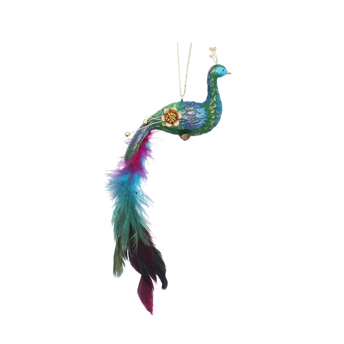Bring festive elegance to your tree with this exquisite Gisela Graham Paradise Garden Peacock hanging ornament. Adorned with real chicken feathers for authentic detail, this showstopping piece features a graceful peacock design that captures the beauty of paradise.