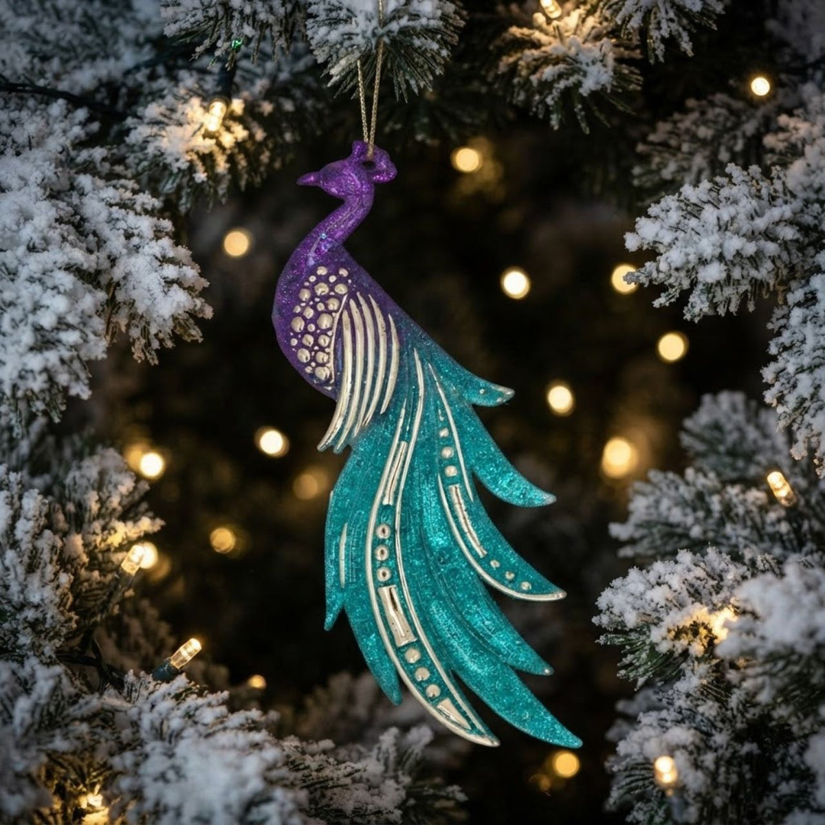This Gisela Graham Peacock Teal & Purple Christmas Hanging Ornament is a beautiful addition to any Christmas tree. This eye-catching decoration features a teal and purple peacock design. Perfect for adding a touch of festive elegance to your holiday décor.