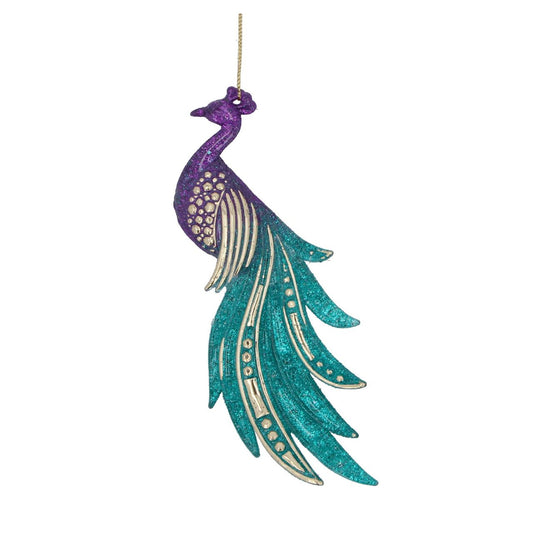 Gisela Graham Peacock Teal & Purple Christmas Hanging Ornament  This Gisela Graham Peacock Teal & Purple Christmas Hanging Ornament is a beautiful addition to any Christmas tree. This eye-catching decoration features a teal and purple peacock design. Perfect for adding a touch of festive elegance to your holiday décor.