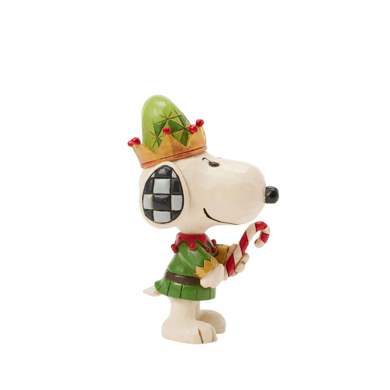 Add a touch of festive cheer to your holiday collection with this miniature Jim Shore design of Snoopy dressed as a cheerful elf. Holding a candy cane and sporting a bright smile, Snoopy embodies the joy of the season in delightful detail.