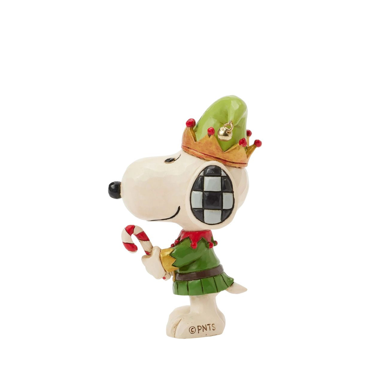 Add a touch of festive cheer to your holiday collection with this miniature Jim Shore design of Snoopy dressed as a cheerful elf. Holding a candy cane and sporting a bright smile, Snoopy embodies the joy of the season in delightful detail.