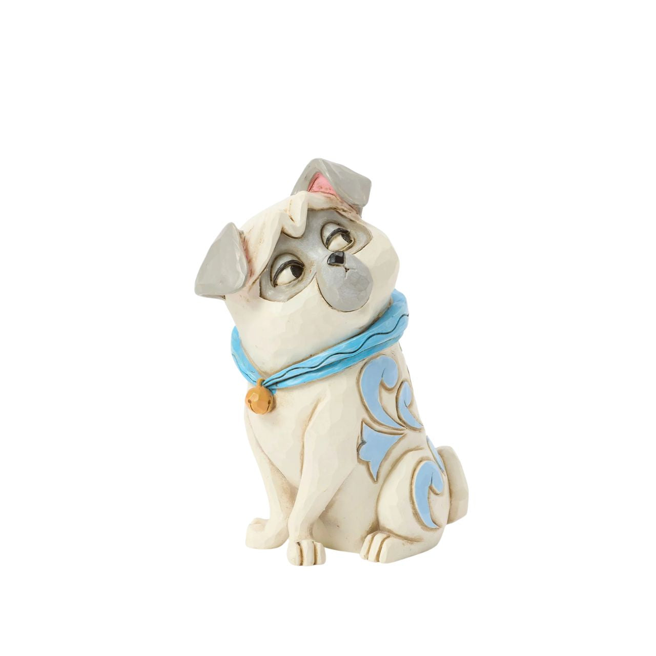 Celebrate the 30th anniversary of Pocahontas in 2025 with this charming Jim Shore bust of Percy, Ratcliffe's pampered pug. With his sassy expression, he sports a blue collar with a bell and features the artist's intricate rosemaling.