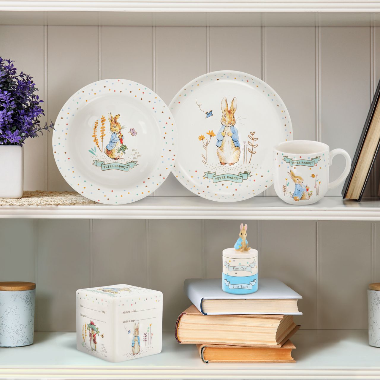 Enhance your product line-up with the delightful Peter Rabbit Ceramic Dinner Set. This beautifully crafted set includes a ceramic plate, bowl and mug all featuring embossed character artwork, showcasing the timeless charm of Beatrix Potter's beloved characters. Each piece is designed with intricate detail and vibrant colours, perfect for both daily use and display.