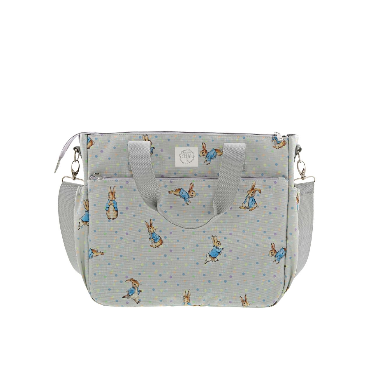 Sure to be the most-wanted piece of the whole collection is the Peter Rabbit Changing Bag. Featuring Peter Rabbit on an easily wipe-down PU fabric, off-set against pastel splashes of colour on a cool grey background