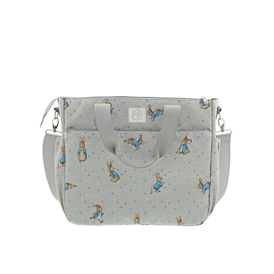 Sure to be the most-wanted piece of the whole collection is the Peter Rabbit Changing Bag. Featuring Peter Rabbit on an easily wipe-down PU fabric, off-set against pastel splashes of colour on a cool grey background