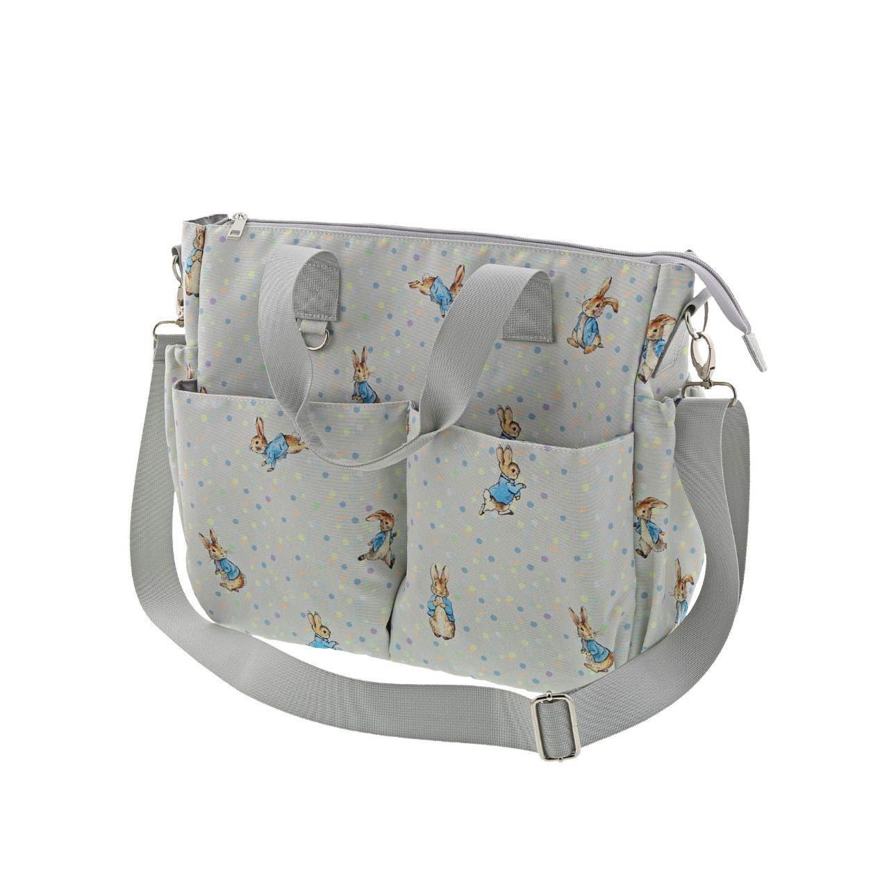 Sure to be the most-wanted piece of the whole collection is the Peter Rabbit Changing Bag. Featuring Peter Rabbit on an easily wipe-down PU fabric, off-set against pastel splashes of colour on a cool grey background