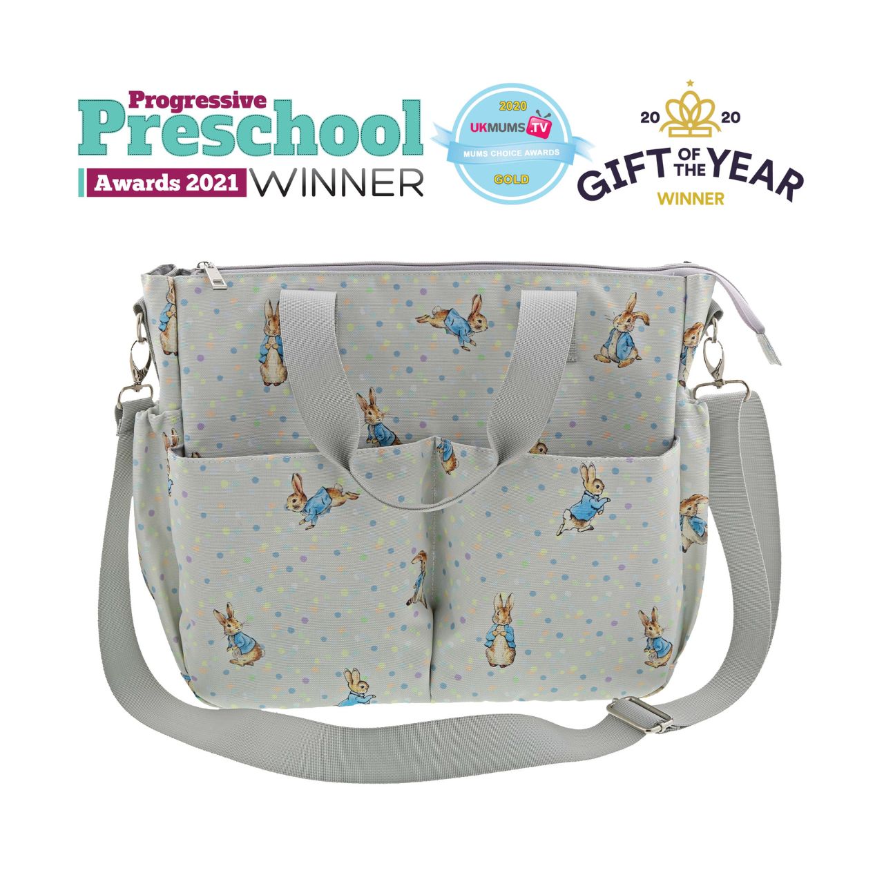 Sure to be the most-wanted piece of the whole collection is the Peter Rabbit Changing Bag. Featuring Peter Rabbit on an easily wipe-down PU fabric, off-set against pastel splashes of colour on a cool grey background