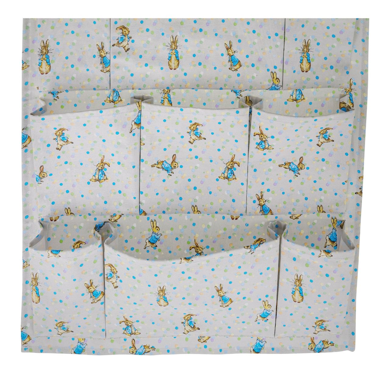 A new format to our Beatrix Potter collection, the Peter Rabbit Nursery Organiser. Featuring 12 individual pockets over 4 shelves, rope to hang the organiser on the wall and a new Peter Rabbit design, this is the ultimate organiser for your nursery.