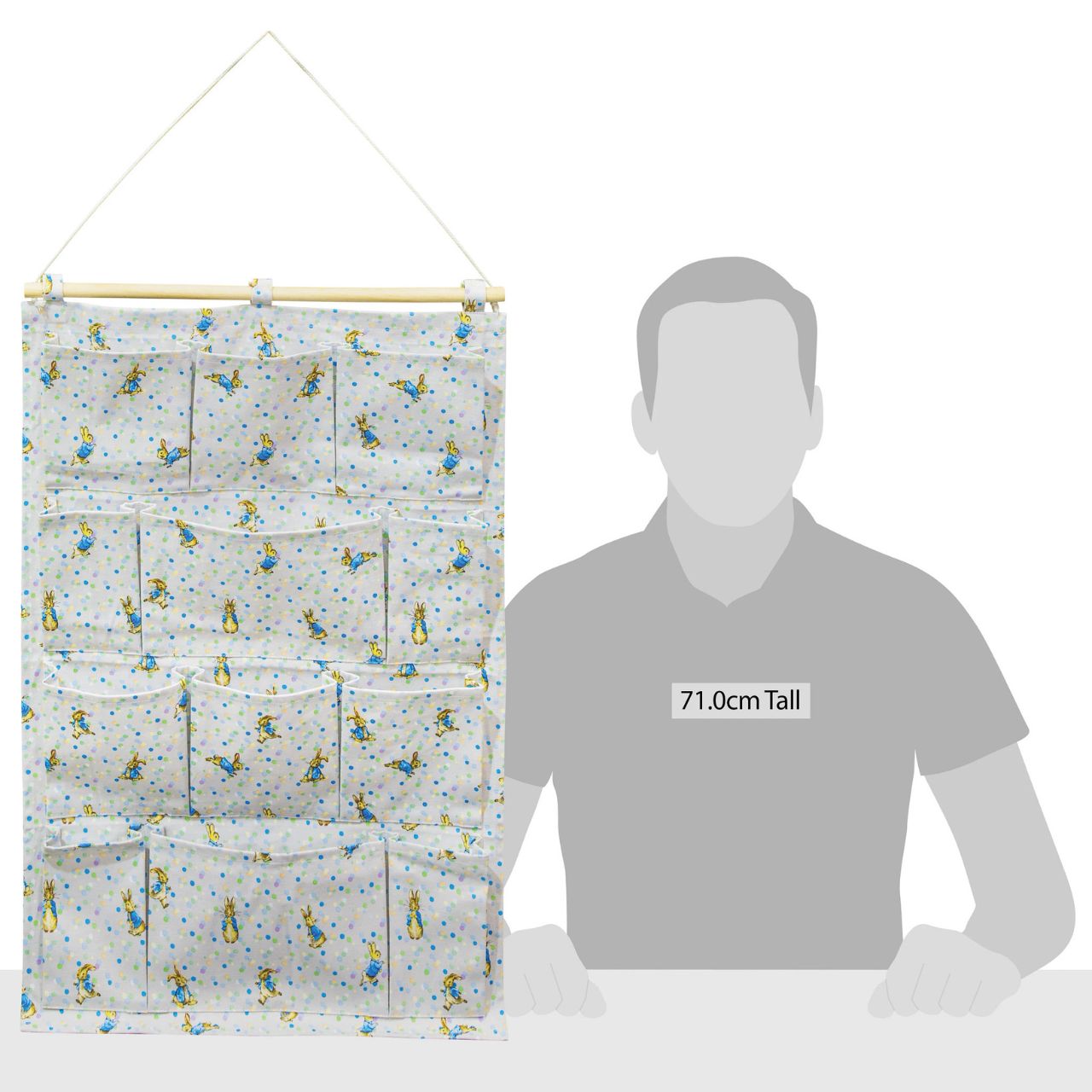 A new format to our Beatrix Potter collection, the Peter Rabbit Nursery Organiser. Featuring 12 individual pockets over 4 shelves, rope to hang the organiser on the wall and a new Peter Rabbit design, this is the ultimate organiser for your nursery.