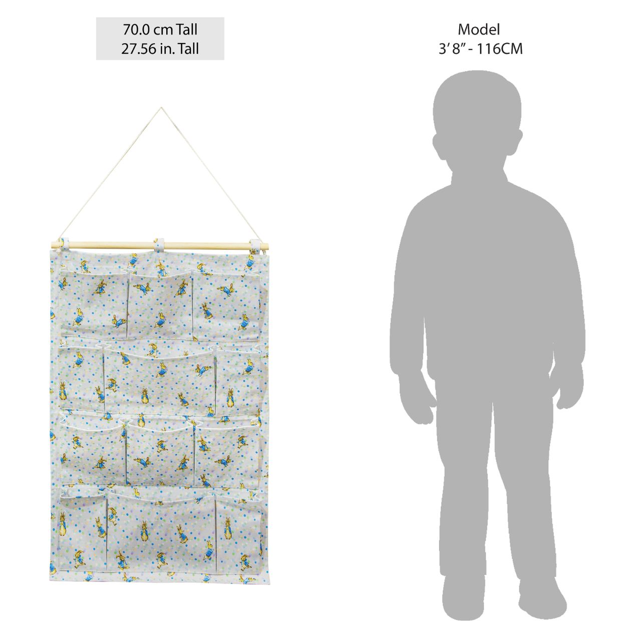 A new format to our Beatrix Potter collection, the Peter Rabbit Nursery Organiser. Featuring 12 individual pockets over 4 shelves, rope to hang the organiser on the wall and a new Peter Rabbit design, this is the ultimate organiser for your nursery.