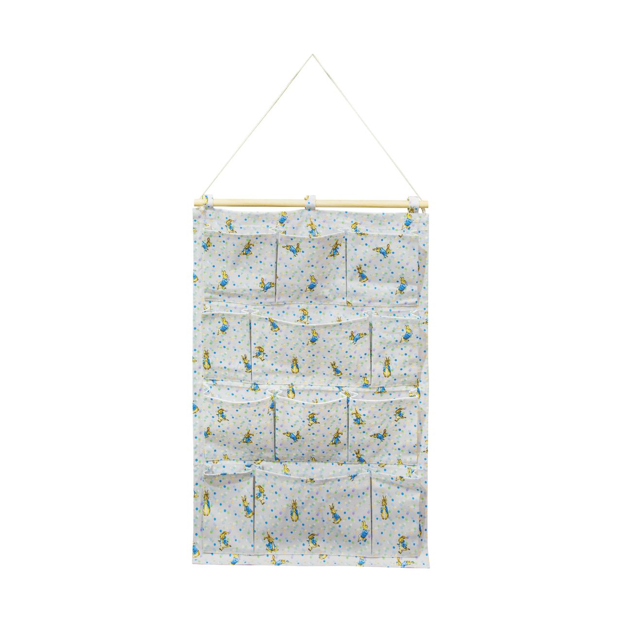 A new format to our Beatrix Potter collection, the Peter Rabbit Nursery Organiser. Featuring 12 individual pockets over 4 shelves, rope to hang the organiser on the wall and a new Peter Rabbit design, this is the ultimate organiser for your nursery.