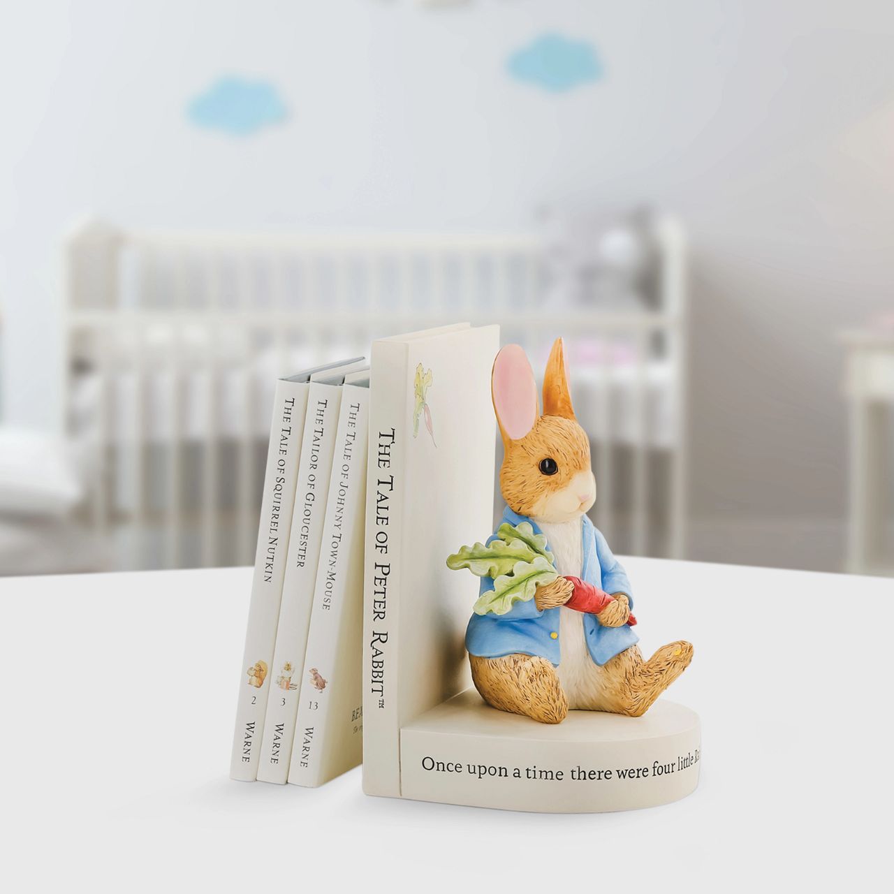 An ornamental Peter Rabbit bookend, designed with the famous Tale of Peter Rabbit book in mind. An ideal accessory for the living room, home office or home library space.