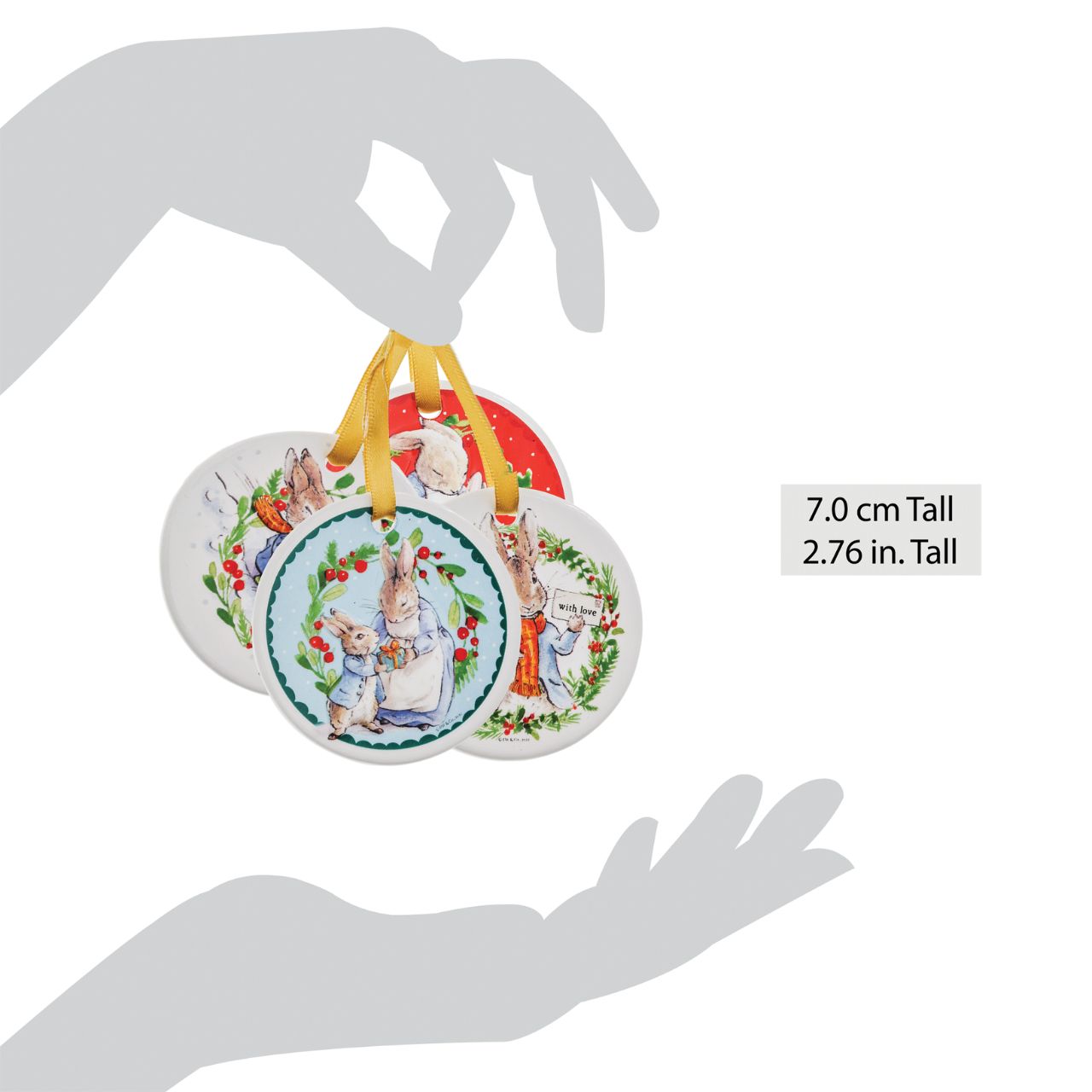 Peter Rabbit Hanging Ornaments with gold ribbon will add the spirit of Christmas to any household. With four different images, all from the original Beatrix Potter illustrations and stories, these Peter Rabbit Hanging Ornaments are extra special. Coming in a branded gift box, these make a great gift or self purchase.