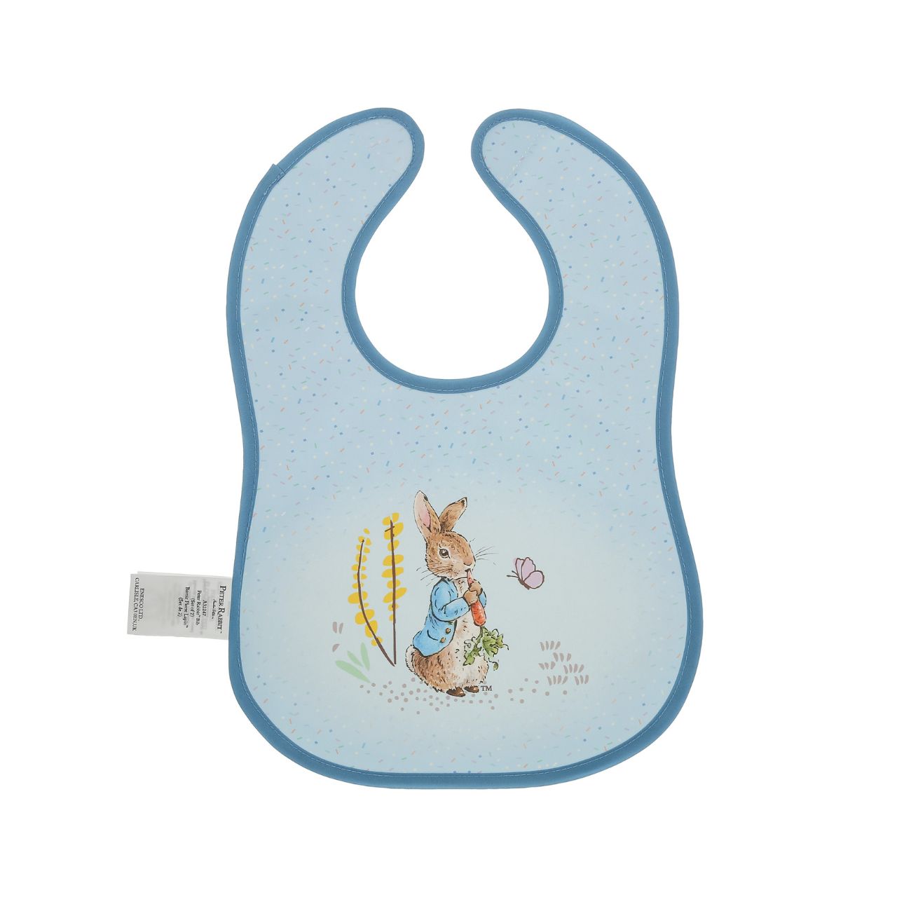 Introducing the delightful Peter Rabbit Bib Set, inspired by the charming tales of Peter Rabbit and friends. This enchanting set of two bibs ensures mealtime is both stylish and mess-free. Crafted with super-soft, wipeable fabric, each bib features an easy hook & loop tape fastening for quick changes.