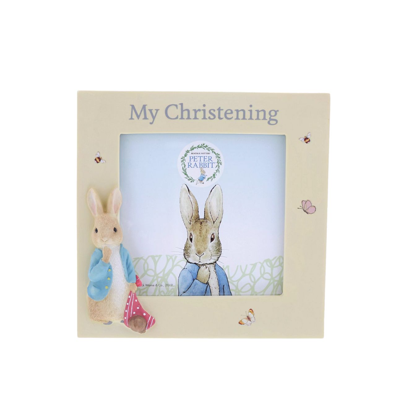 This charming Peter Rabbit Christening Photo frame is the perfect place to display a picture from your little ones Christening and is sure to earn a place of honour on a tabletop or mantel. Complete with original illustrations from the Beatrix Potter stories.