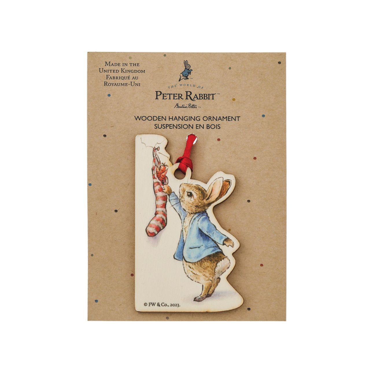 This Peter Rabbit with Christmas Stocking Wooden Hanging Ornament would make a truly unique gift or self-purchase. We have been working hard towards our sustainability goal, creating Beatrix Potter gift items that include responsibly sourced materials.