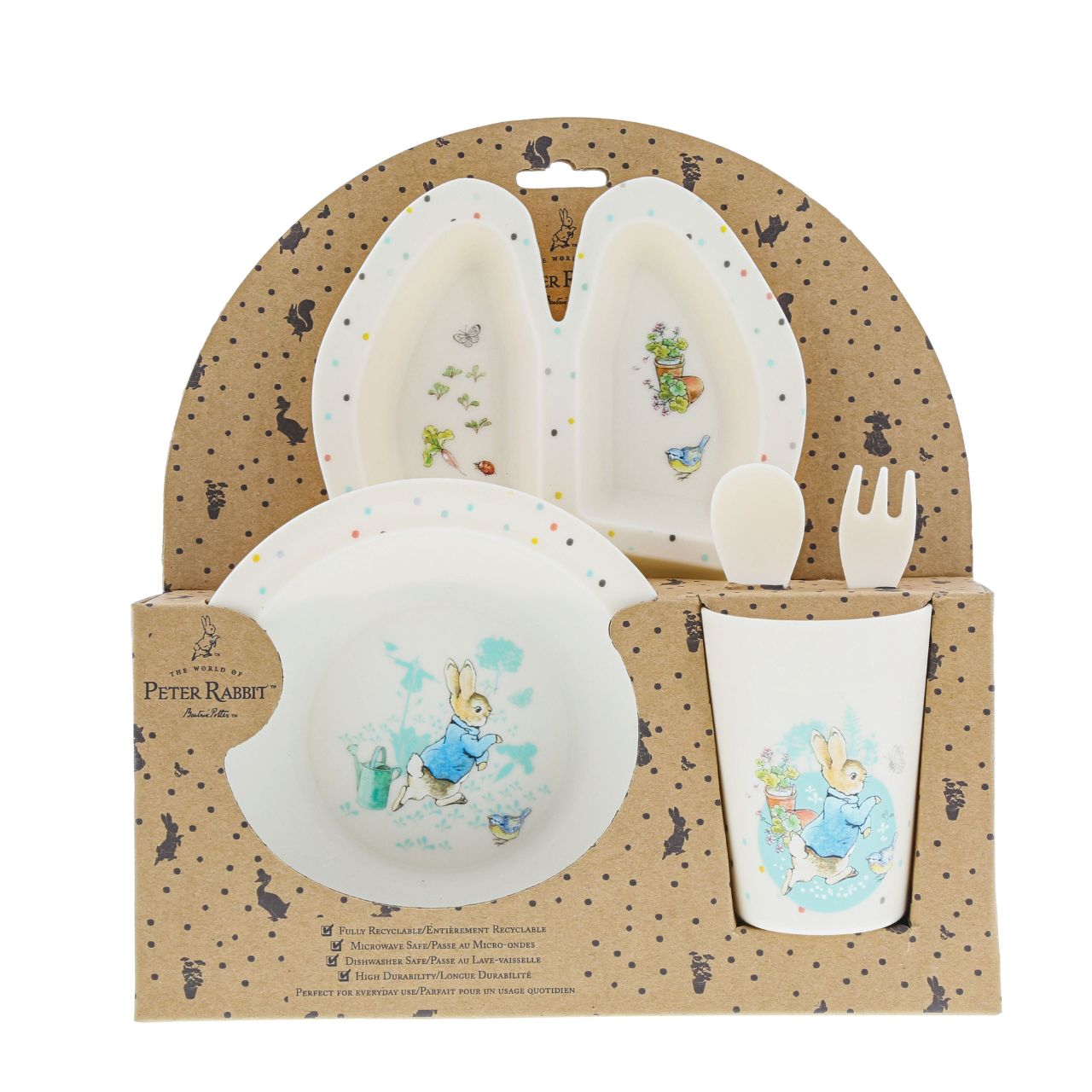 Peter Rabbit Dinner Set Beatrix Potter  Introducing this brand new at home with Peter Rabbit collection. There's nothing quite like a fun Peter Rabbit motif to entice those little tummies to clear their plates. Make mealtimes fun and practical with this dinner set. This highly durable dinner set can be used at home, in the garden, or on the go.