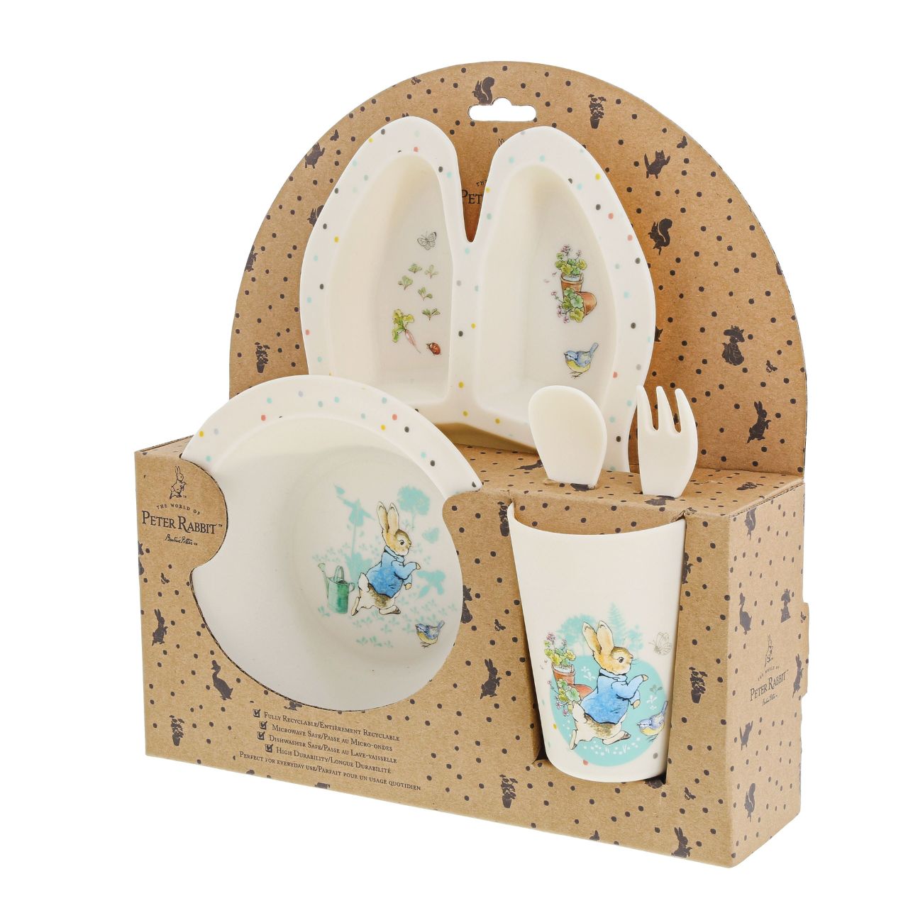 Peter Rabbit Dinner Set Beatrix Potter  Introducing this brand new at home with Peter Rabbit collection. There's nothing quite like a fun Peter Rabbit motif to entice those little tummies to clear their plates. Make mealtimes fun and practical with this dinner set. This highly durable dinner set can be used at home, in the garden, or on the go.