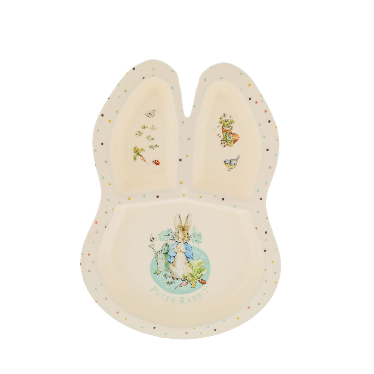 Peter Rabbit Dinner Set Beatrix Potter  Introducing this brand new at home with Peter Rabbit collection. There's nothing quite like a fun Peter Rabbit motif to entice those little tummies to clear their plates. Make mealtimes fun and practical with this dinner set. This highly durable dinner set can be used at home, in the garden, or on the go.