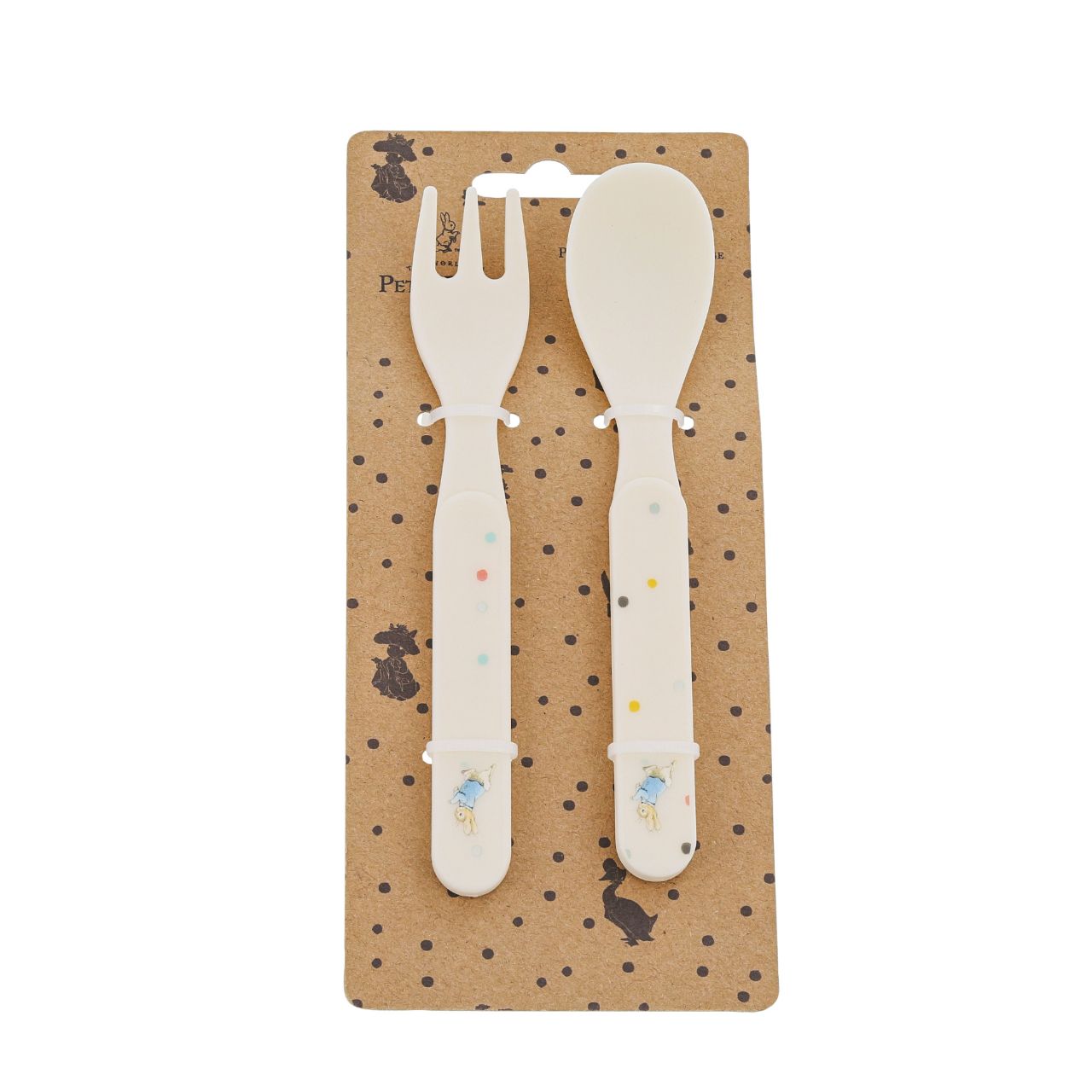 Peter Rabbit Fork and Spoon Set  Introducing this brand new at home with Peter Rabbit collection. There's nothing quite like a fun Peter Rabbit motif to entice those little tummies to clear their plates. Make mealtimes fun and practical with this fork and spoon set.