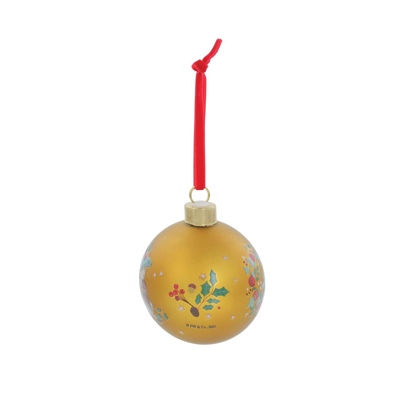 Bring the timeless charm of Beatrix Potter to your customers' Christmas trees with this exquisite Peter Rabbit &amp; Benjamin Bunny Bauble. This luxurious glass bauble features original illustrations of Peter Rabbit and his cousin, Benjamin Bunny, beautifully printed against a classic gold-coloured surface.