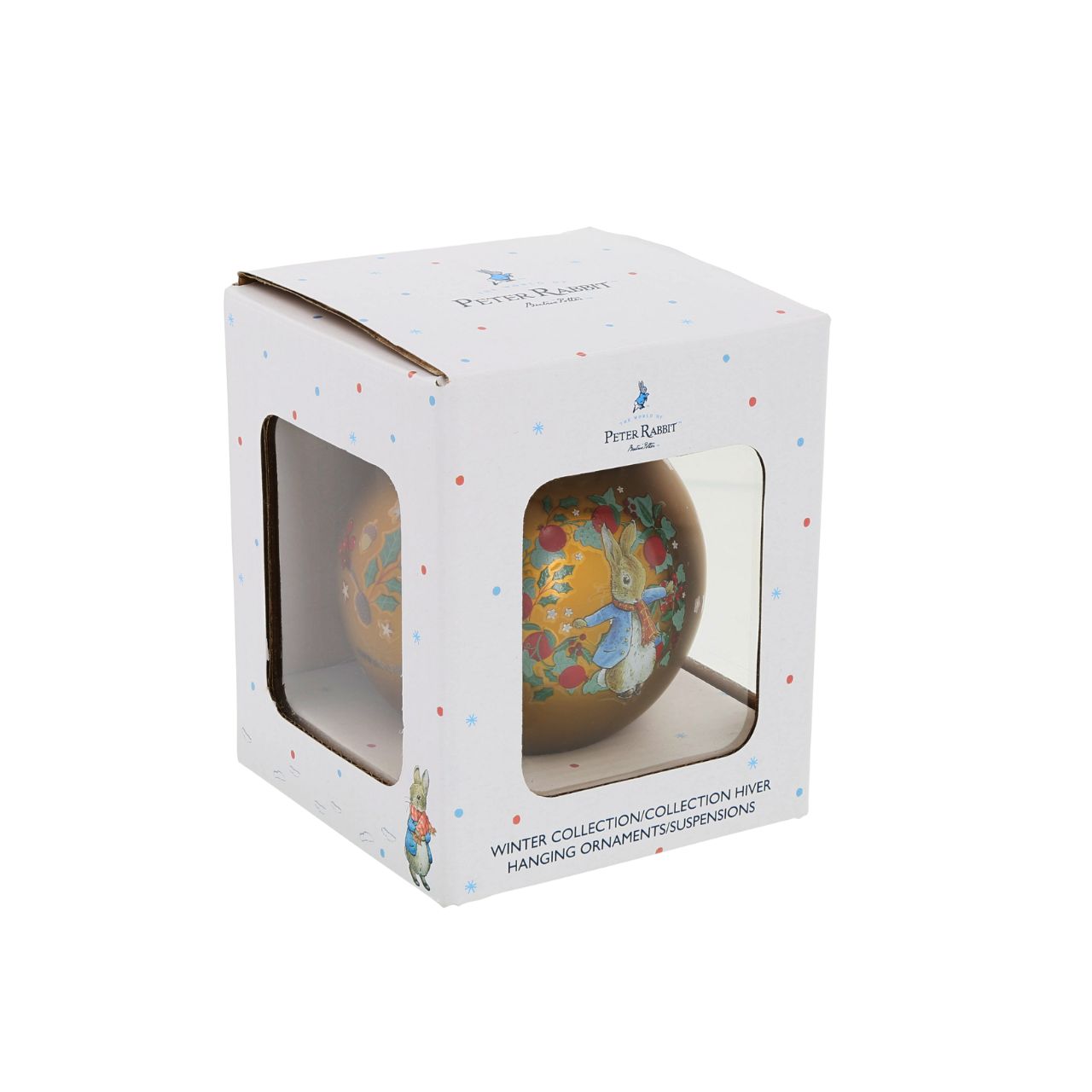 Bring the timeless charm of Beatrix Potter to your customers' Christmas trees with this exquisite Peter Rabbit &amp; Benjamin Bunny Bauble. This luxurious glass bauble features original illustrations of Peter Rabbit and his cousin, Benjamin Bunny, beautifully printed against a classic gold-coloured surface.