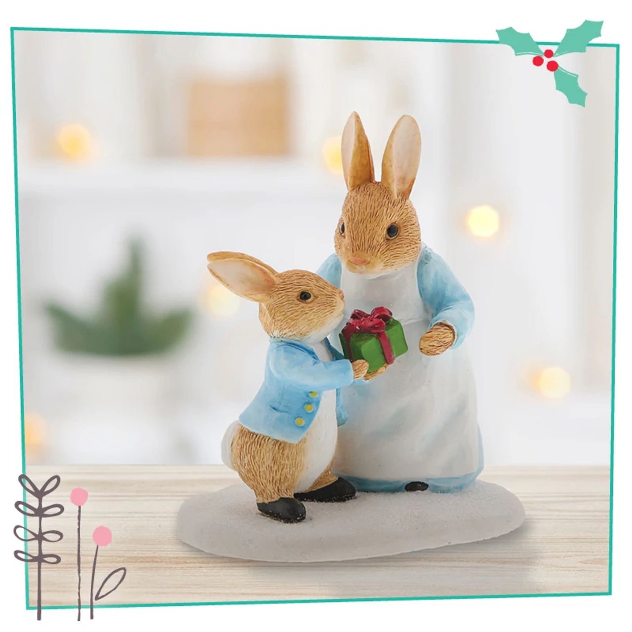 Beatrix Potter Mrs. Rabbit Passing Peter Rabbit a Present Figurine  Wish someone a very Merry Christmas with this beautiful, Mrs. Rabbit Passing Peter Rabbit a Present Figurine. This charming figurine would make a treasured keepsake over the festive period, and would be take pride of place in your home this Christmas.