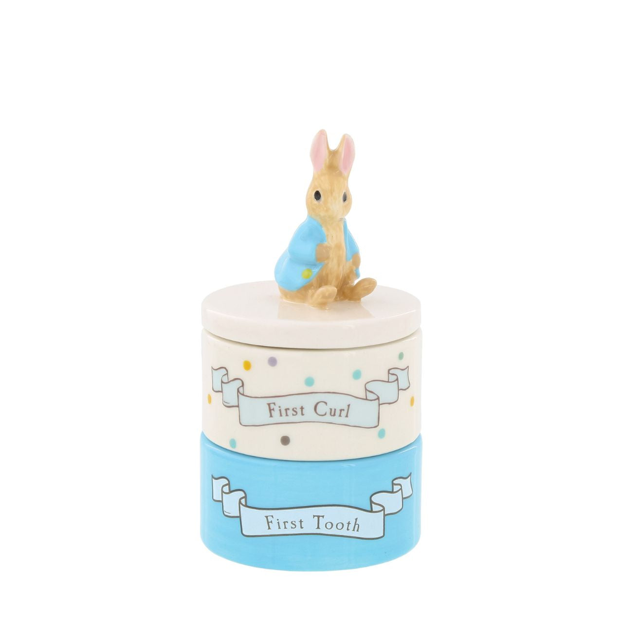 Enhance your store's charm with the Beatrix Potter Stackable Tooth and Curl Set. Featuring our beloved Peter Rabbit, this high-quality keepsake is perfect for nursery and gift sections. It Makes a perfect and unique christening gift.