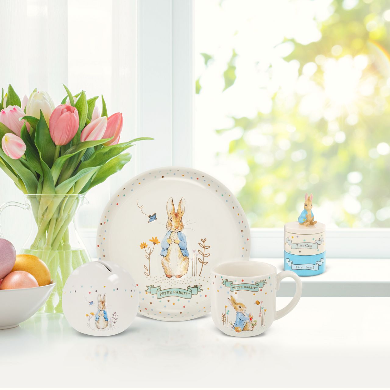 Enhance your store's charm with the Beatrix Potter Stackable Tooth and Curl Set. Featuring our beloved Peter Rabbit, this high-quality keepsake is perfect for nursery and gift sections. It Makes a perfect and unique christening gift.