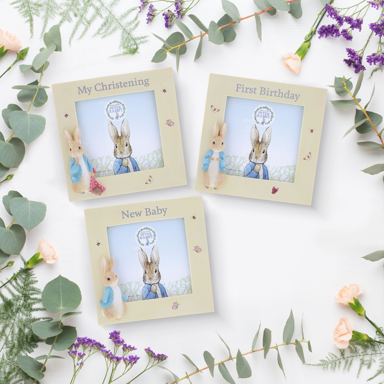 Peter Rabbit New Baby Photo Frame  Celebrate a new bundle of joy with this Peter Rabbit new baby photo frame, a perfect way to display a treasured photo. Complete with original illustrations from the Beatrix Potter stories. Photo frame fits square sized photos.