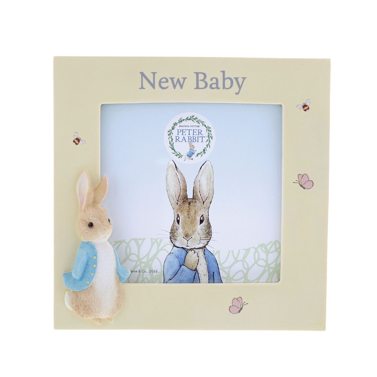 Peter Rabbit New Baby Photo Frame  Celebrate a new bundle of joy with this Peter Rabbit new baby photo frame, a perfect way to display a treasured photo. Complete with original illustrations from the Beatrix Potter stories. Photo frame fits square sized photos.