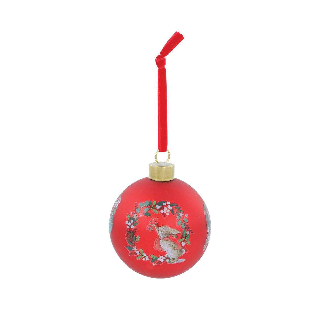 Introduce a classic, warm festive design to your Christmas gift offerings with this new Peter Rabbit &amp; Family Red Bauble. This high-quality glass bauble features a striking, rich red colourway, making it an instant focal point on any tree.