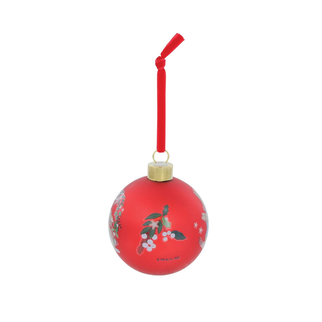 Introduce a classic, warm festive design to your Christmas gift offerings with this new Peter Rabbit &amp; Family Red Bauble. This high-quality glass bauble features a striking, rich red colourway, making it an instant focal point on any tree.