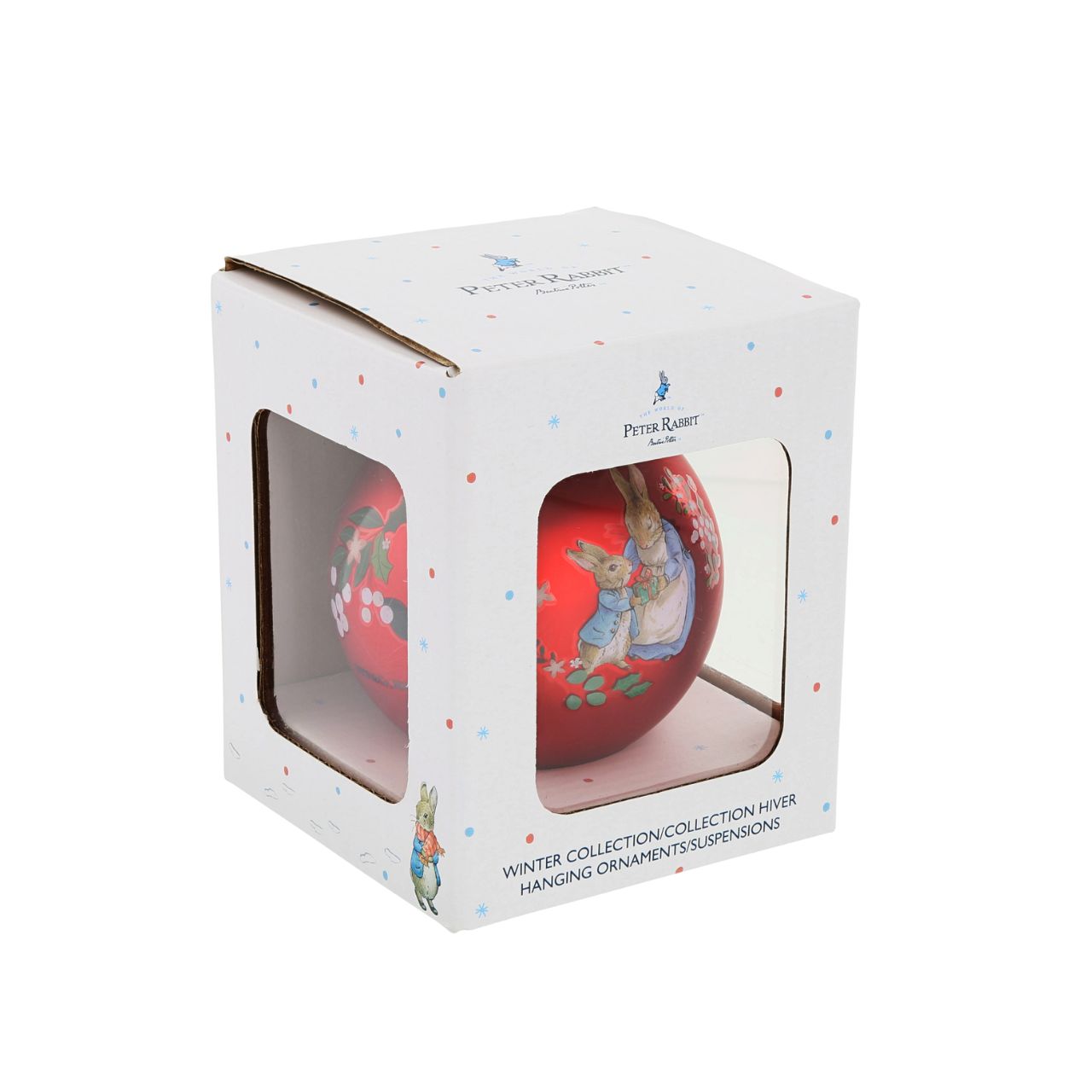 Introduce a classic, warm festive design to your Christmas gift offerings with this new Peter Rabbit &amp; Family Red Bauble. This high-quality glass bauble features a striking, rich red colourway, making it an instant focal point on any tree.