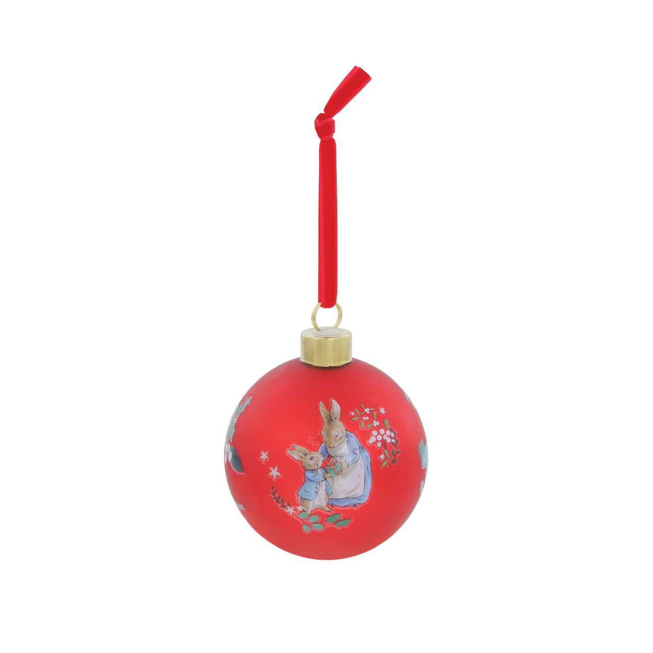 Introduce a classic, warm festive design to your Christmas gift offerings with this new Peter Rabbit &amp; Family Red Bauble. This high-quality glass bauble features a striking, rich red colourway, making it an instant focal point on any tree.