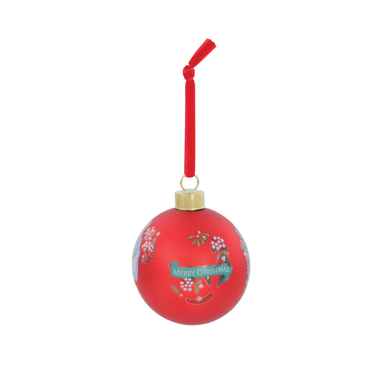Introduce a classic, warm festive design to your Christmas gift offerings with this new Peter Rabbit &amp; Family Red Bauble. This high-quality glass bauble features a striking, rich red colourway, making it an instant focal point on any tree.