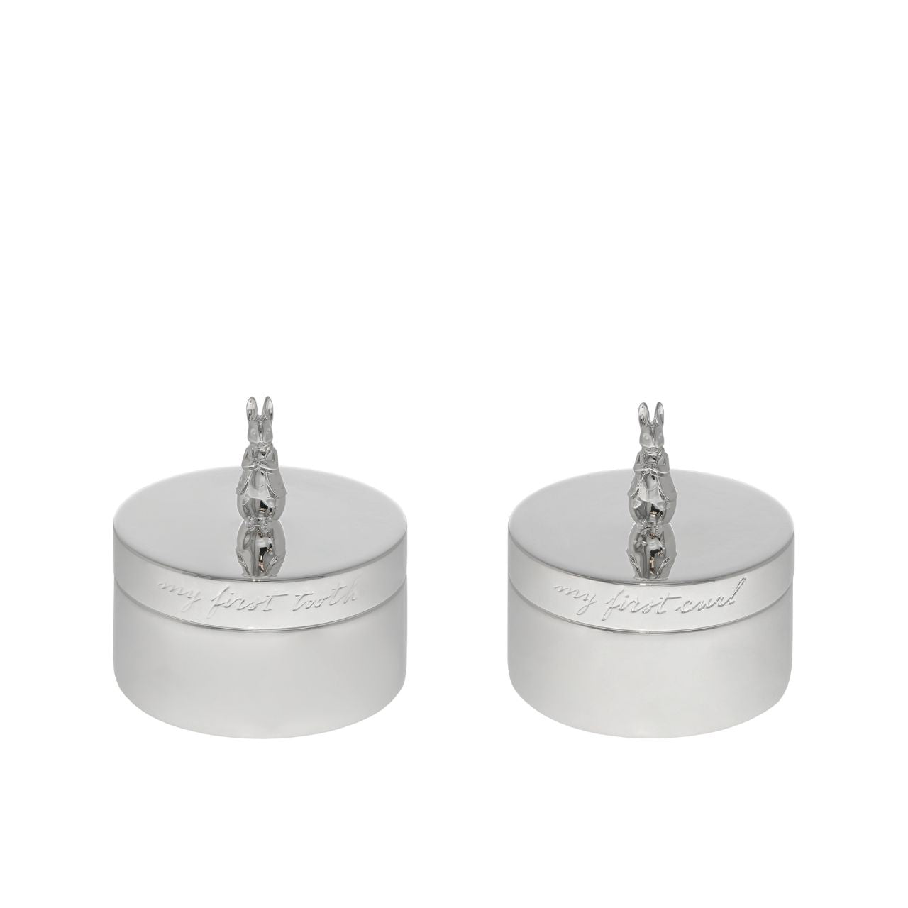 Celebrate a new bundle of joy with the Beatrix Potter New Baby collection. The silver-plated First Tooth and Curl boxes make a fantastic gift to store treasured keepsakes of a new arrival. With a sculpted Peter Rabbit on each lid and etched text around each box, they will become a treasured possession for new parents.