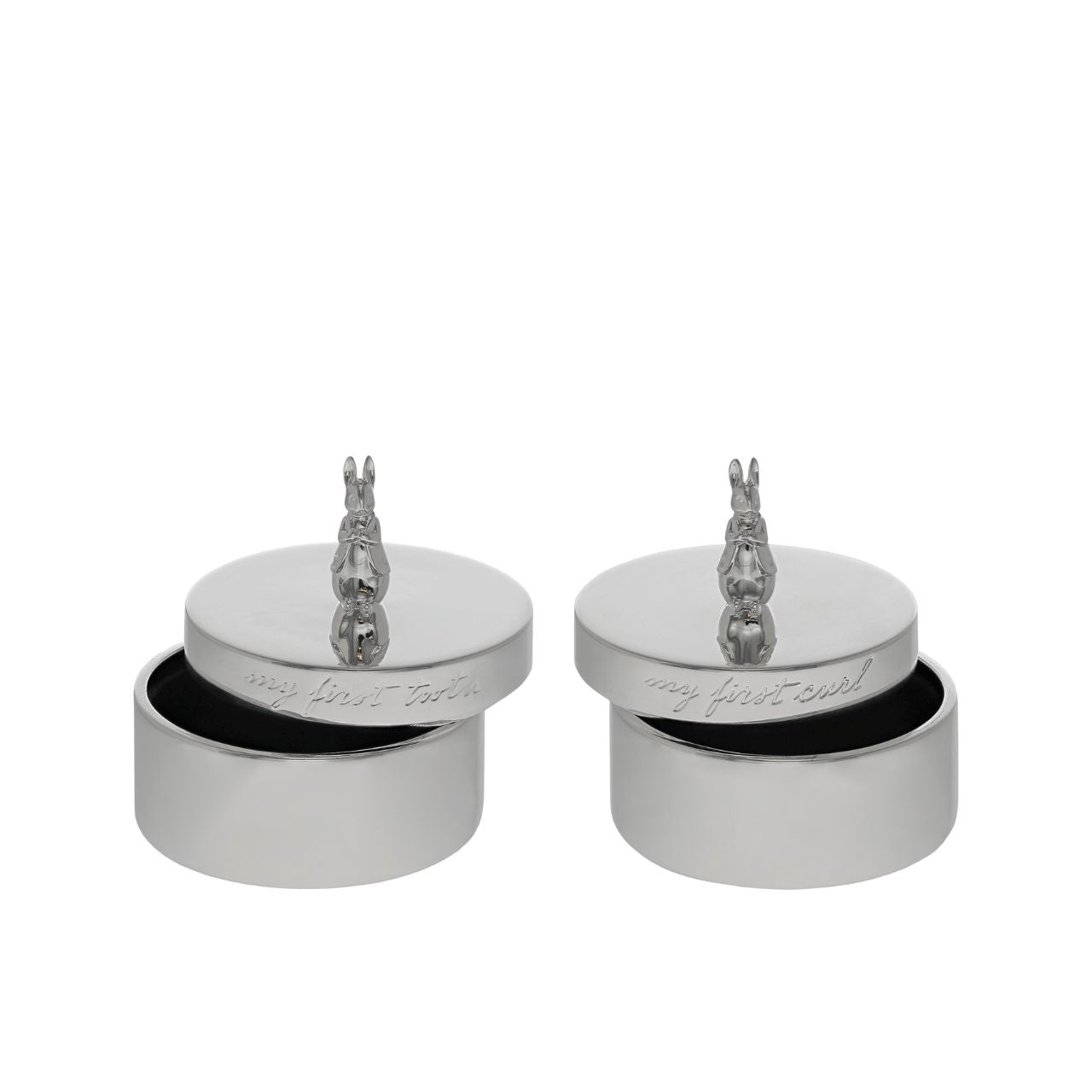 Celebrate a new bundle of joy with the Beatrix Potter New Baby collection. The silver-plated First Tooth and Curl boxes make a fantastic gift to store treasured keepsakes of a new arrival. With a sculpted Peter Rabbit on each lid and etched text around each box, they will become a treasured possession for new parents.